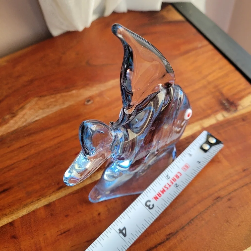 Murano-Style Art Glass Clear  Blue Fish Paperweight Red-Eyed Accent